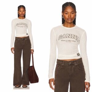 $215 Long Sleeve Ganni semi sheer base layer top graphic tee in cream